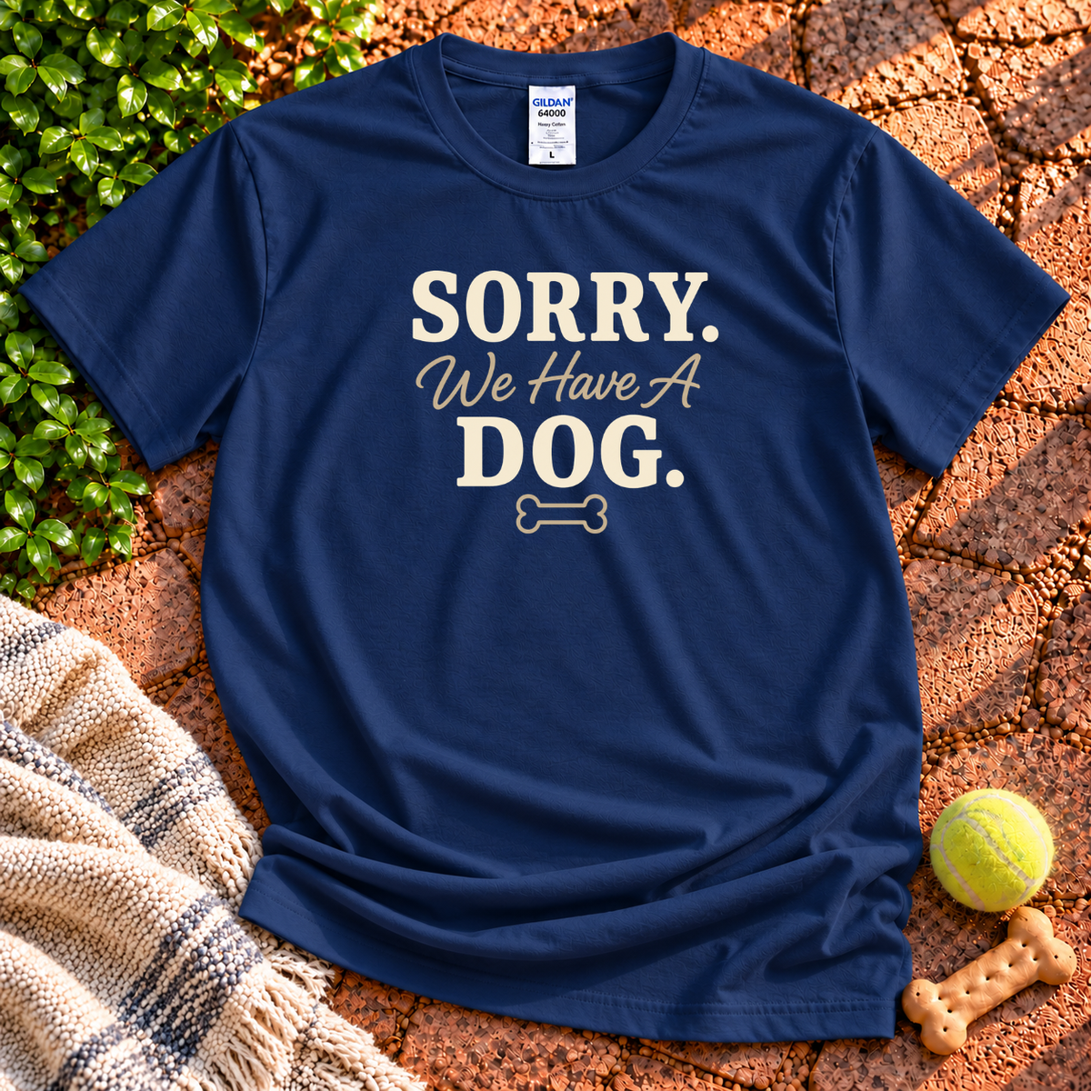We Have A Dog dog graphic T-shirt in Navy – Gildan 64000 | Wigglebumms