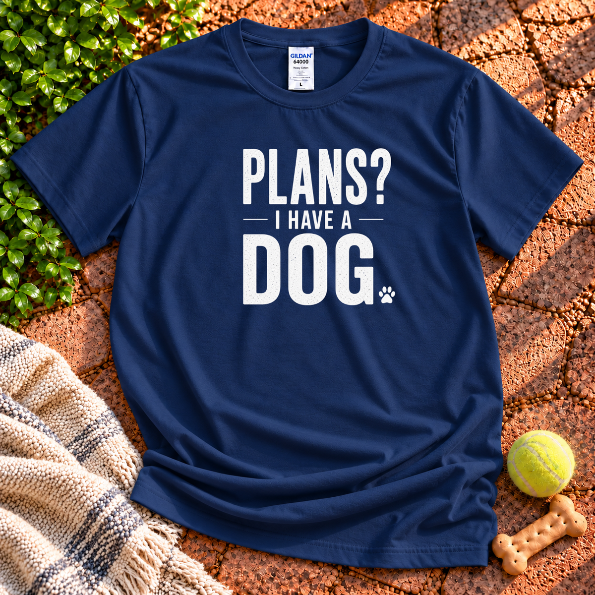 Plans? dog graphic T-shirt in Navy – Gildan 64000 | Wigglebumms