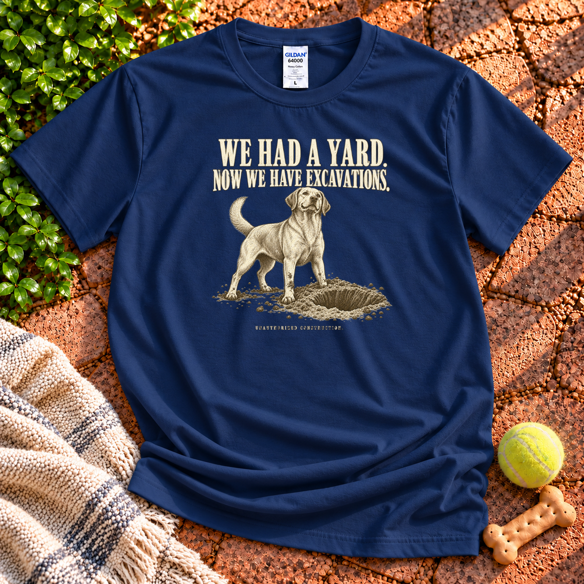 Excavator - dog graphic T-shirt in Navy – Gildan 64000 | Wigglebumms