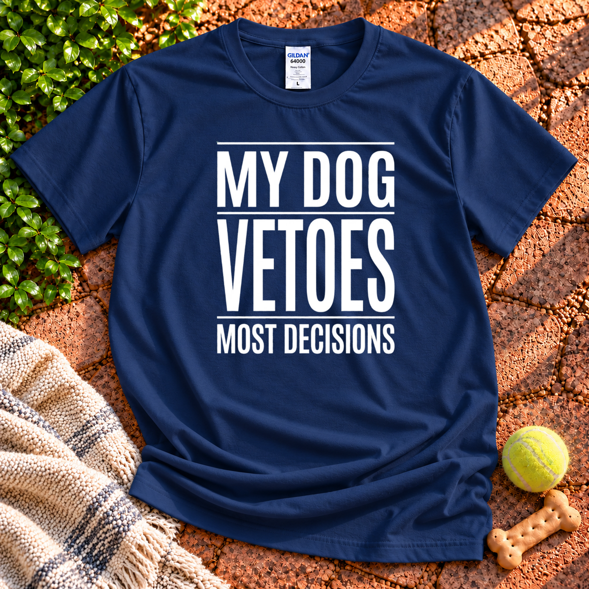 My Dog Vetoes dog graphic T-shirt in Navy – Gildan 64000 | Wigglebumms