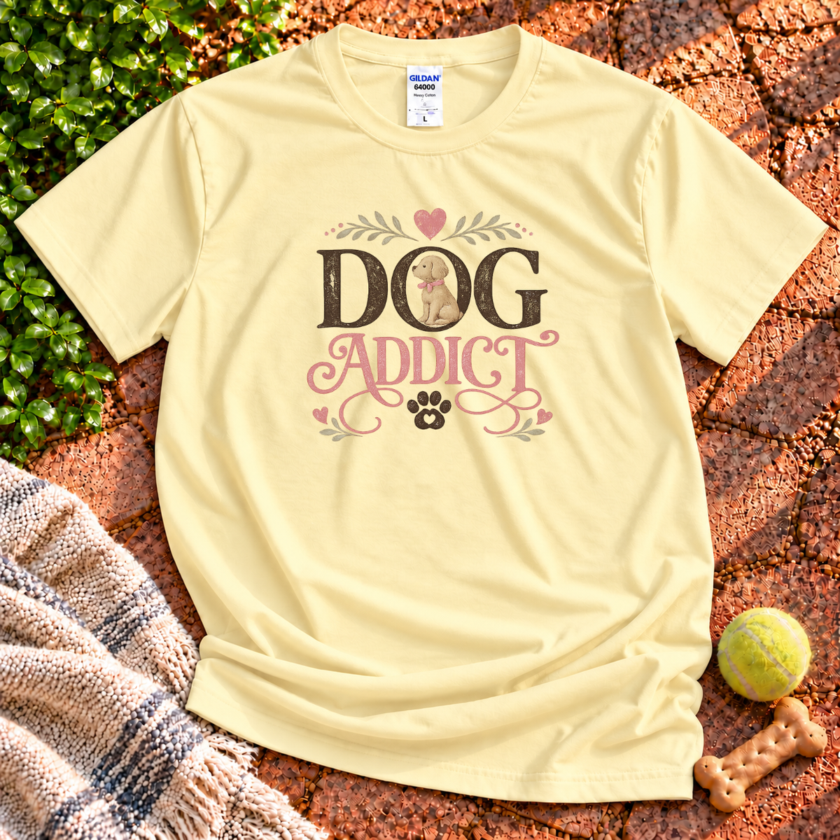 Dog Addict dog graphic T-shirt in Cornsilk – Gildan 64000 | Wigglebumms