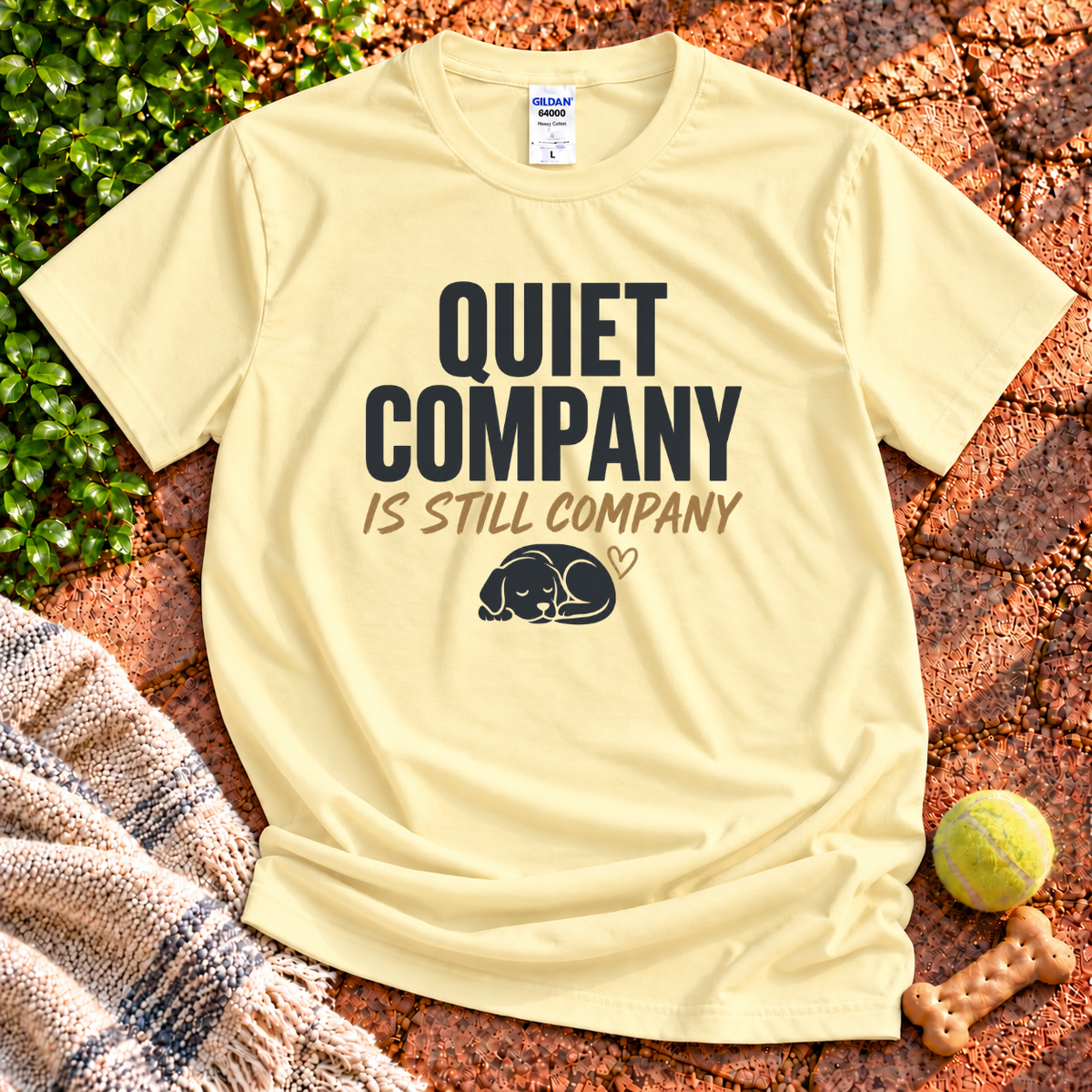 Quiet Company dog graphic T-shirt in Cornsilk – Gildan 64000 | Wigglebumms