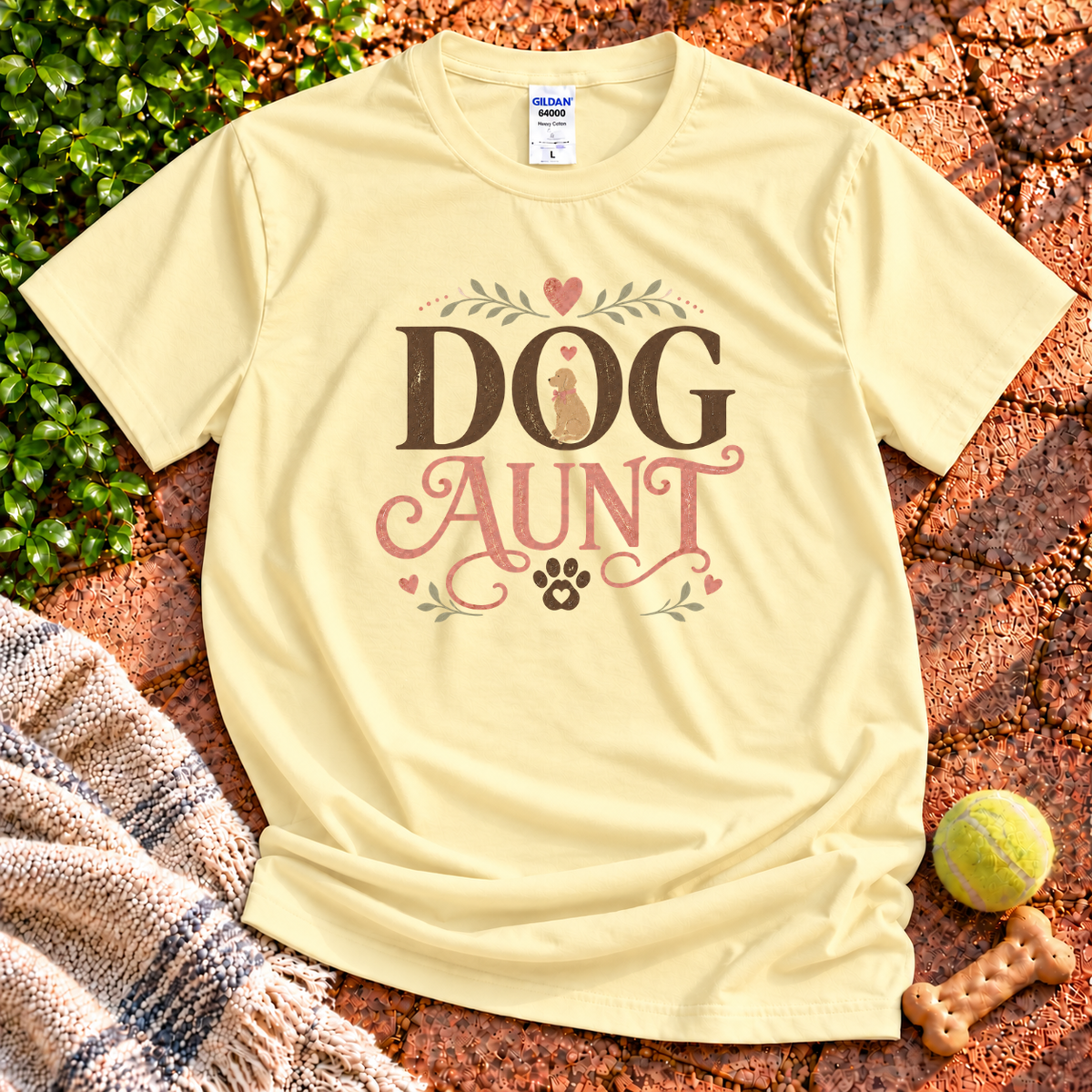 Dog Aunt dog graphic T-shirt in Cornsilk – Gildan 64000 | Wigglebumms