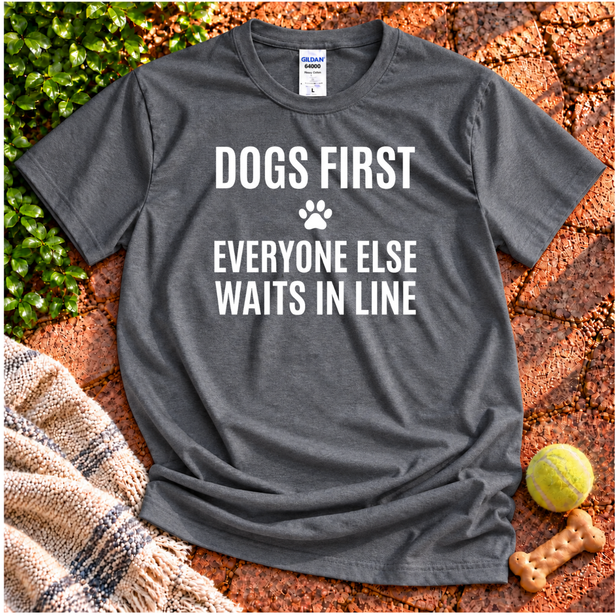 Dogs First dog graphic T-shirt in Dark Heather – Gildan 64000 | Wigglebumms