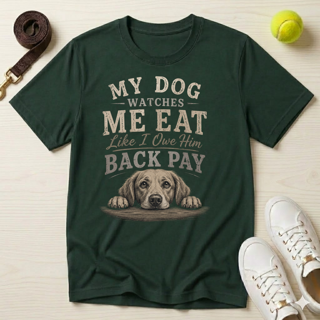 My Dog Watches Me Eat Like I Owe Him Back Pay T-Shirt