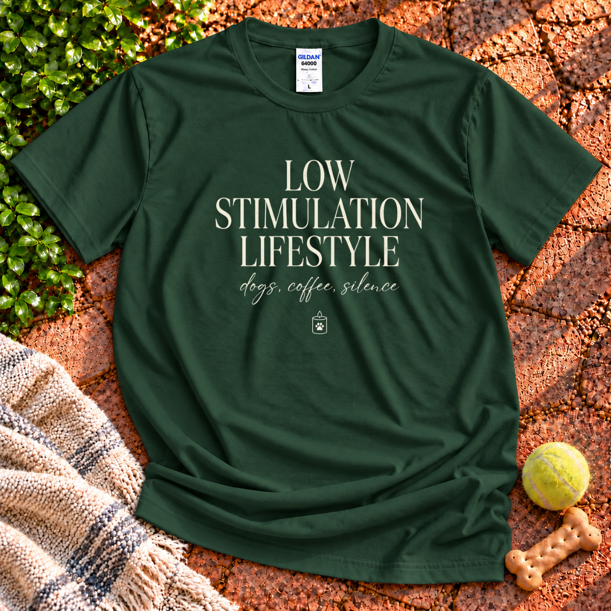 Low Stimulation dog graphic T-shirt in Forest Green – Gildan 64000 | Wigglebumms