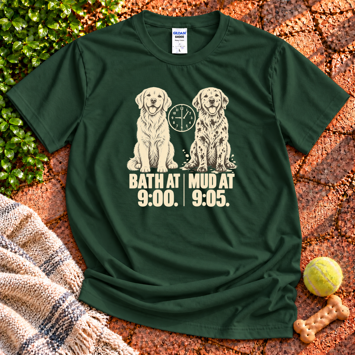 Bath dog graphic T-shirt in Forest Green – Gildan 64000 | Wigglebumms