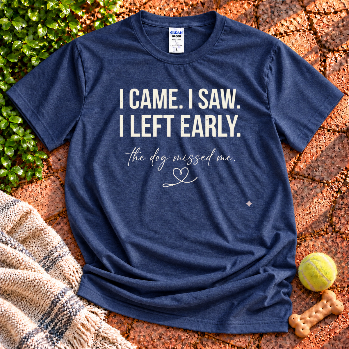 Left Early dog graphic T-shirt in Heather Navy – Gildan 64000 | Wigglebumms