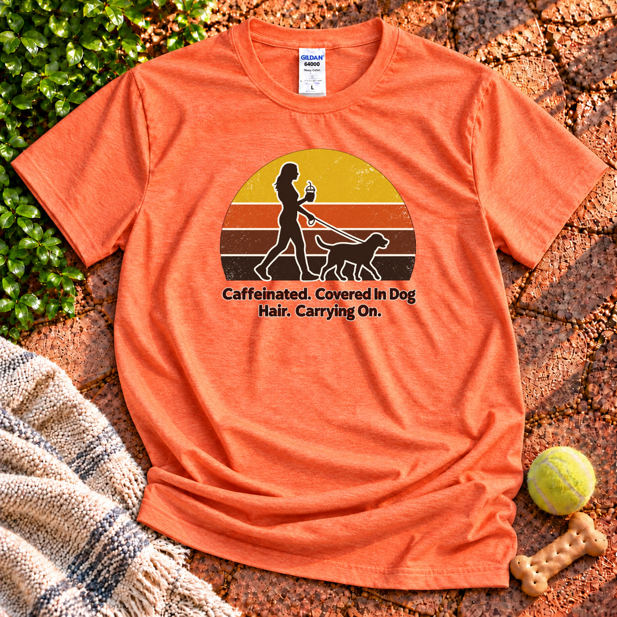 Dog Walker dog graphic T-shirt in Heather Orange – Gildan 64000 | Wigglebumms