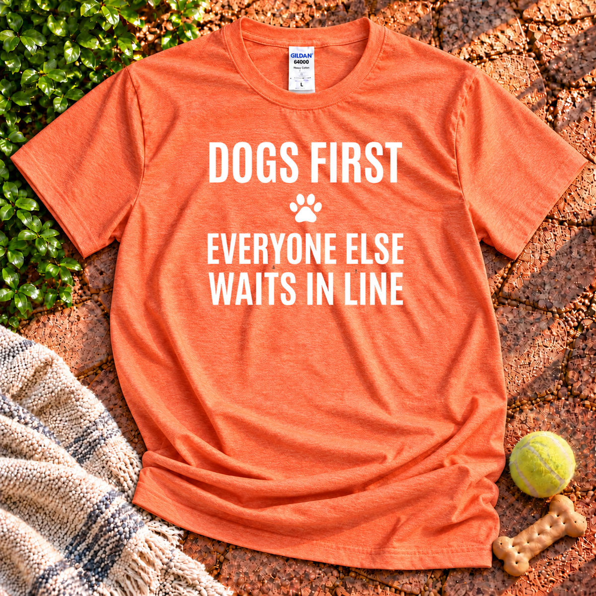 Dogs First dog graphic T-shirt in Heather Orange – Gildan 64000 | Wigglebumms