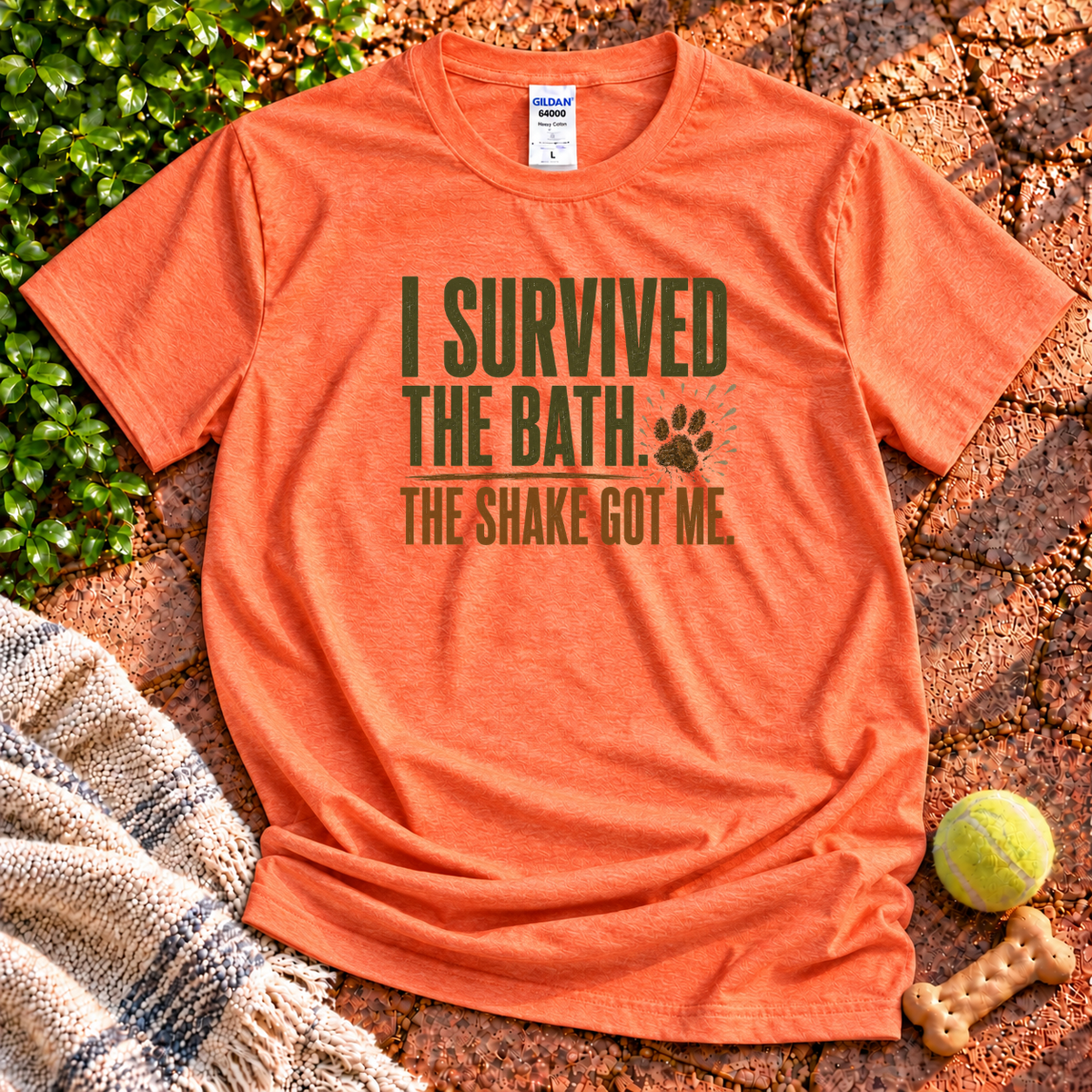 Survived the Bath dog graphic T-shirt in Heather Orange – Gildan 64000 | Wigglebumms