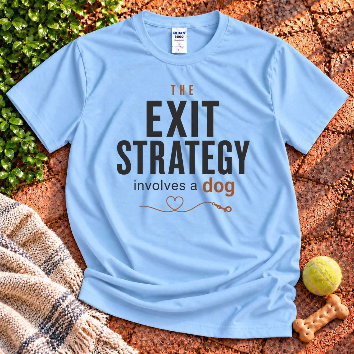 The Exit Strategy dog graphic T-shirt in Light Blue – Gildan 64000 | Wigglebumms
