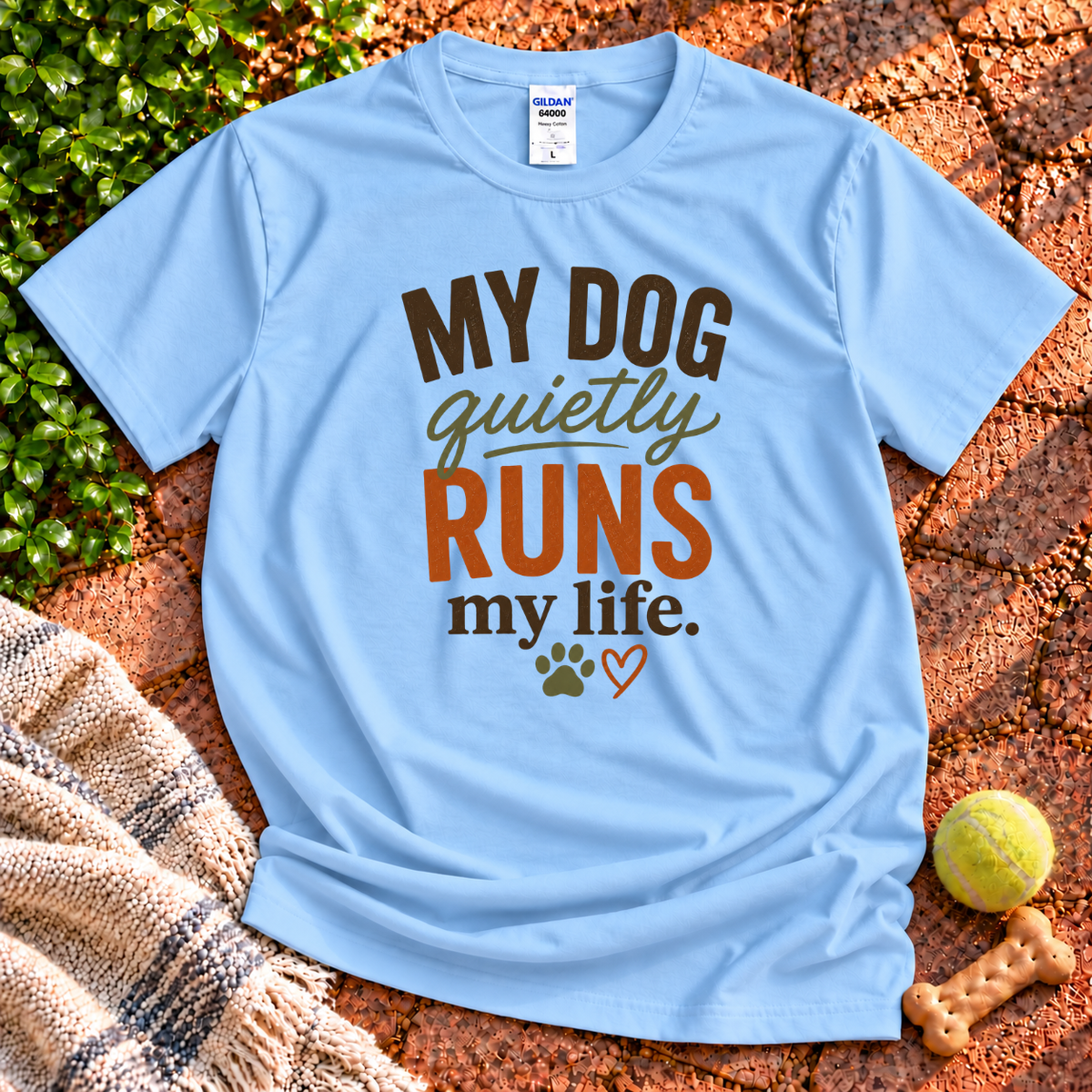 Runs My Life dog graphic T-shirt in Light Blue – Gildan 64000 | Wigglebumms
