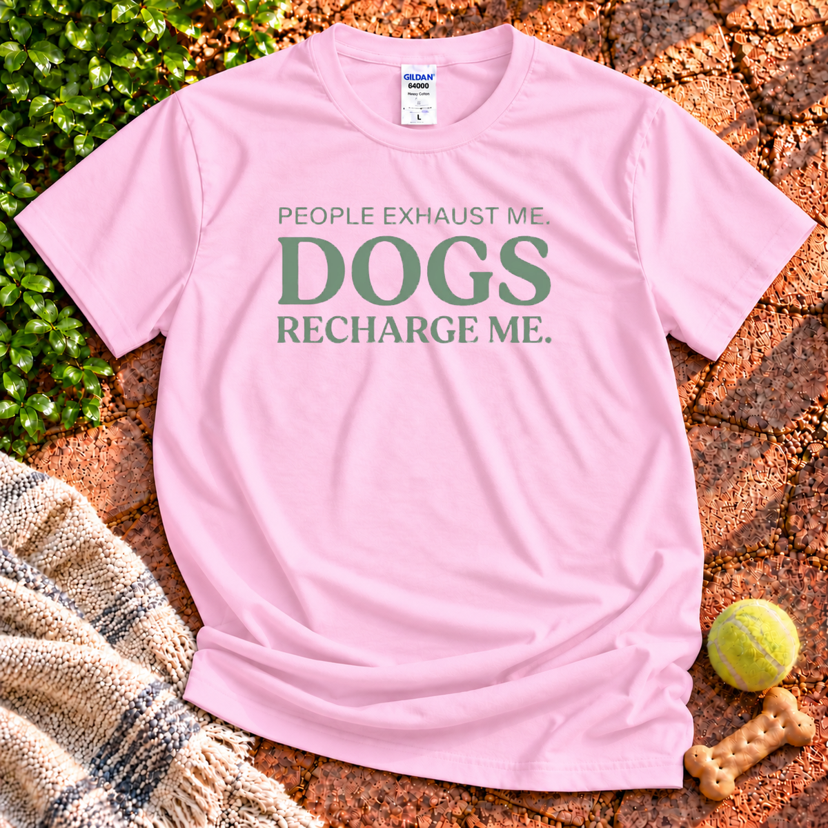 Dogs Recharge Me dog graphic T-shirt in Light Pink – Gildan 64000 | Wigglebumms