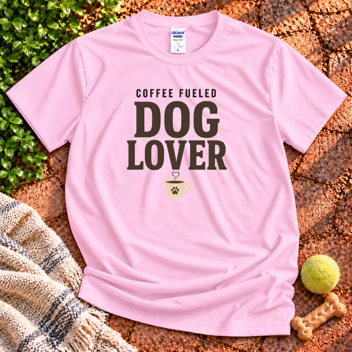 Coffee Fueled dog graphic T-shirt in Light Pink – Gildan 64000 | Wigglebumms