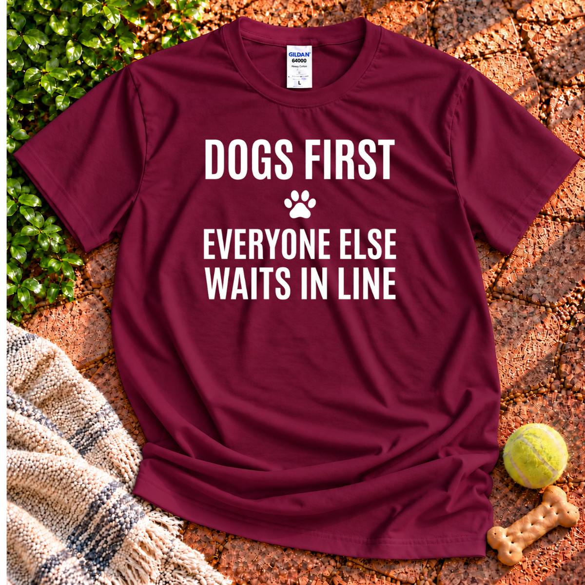 Dogs First dog graphic T-shirt in Maroon – Gildan 64000 | Wigglebumms