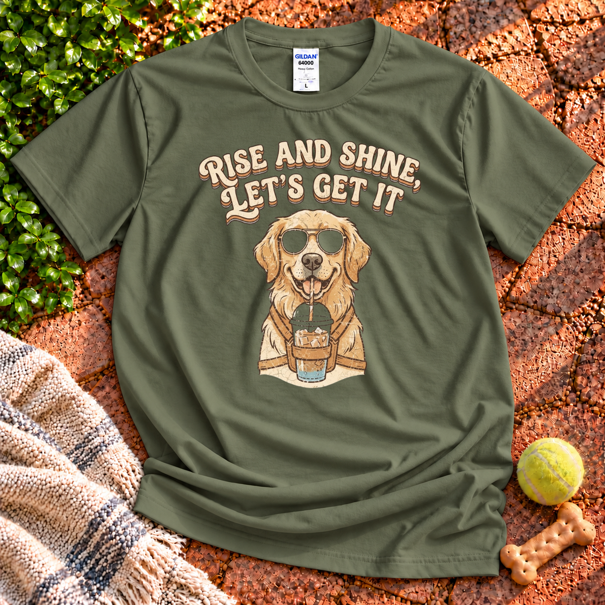 Rise and Shine dog graphic T-shirt in Military Green – Gildan 64000 | Wigglebumms