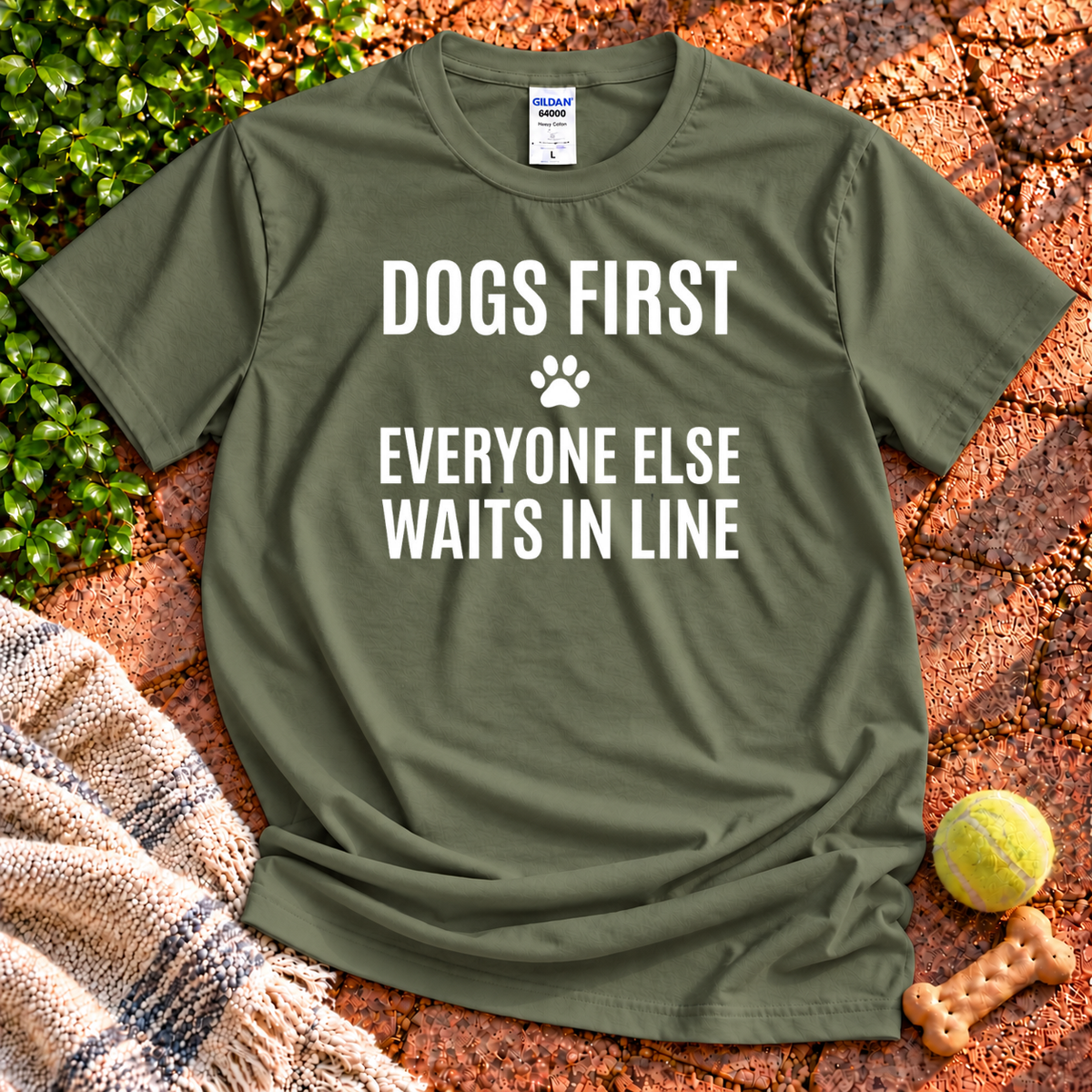 Dogs First dog graphic T-shirt in Military Green – Gildan 64000 | Wigglebumms