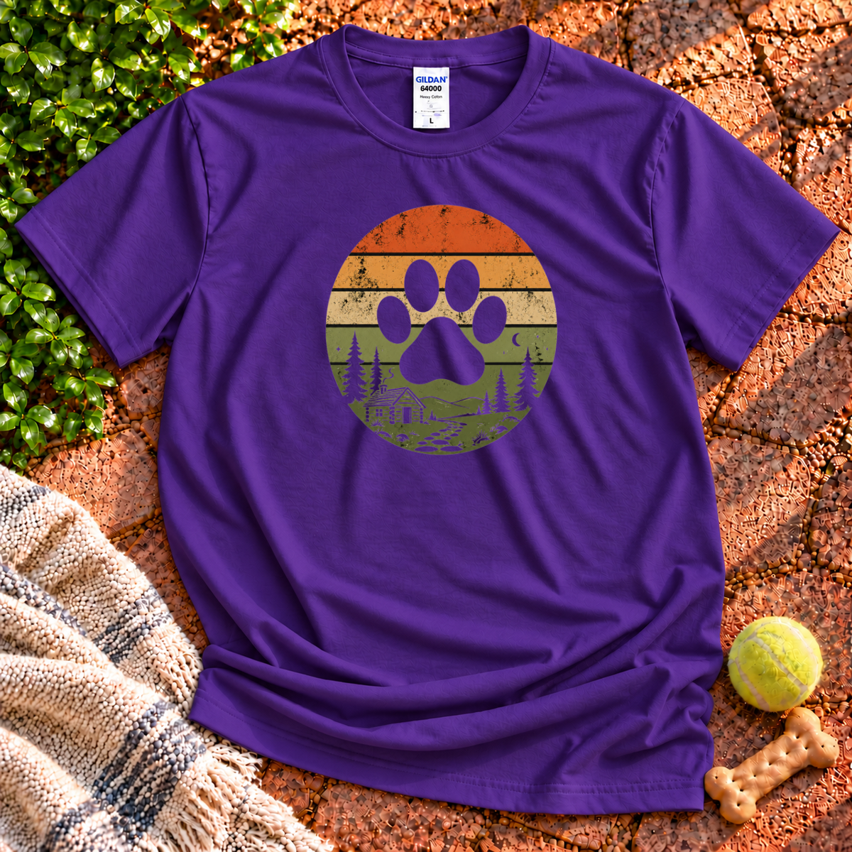 Pawprint Cabin dog graphic T-shirt in Purple – Gildan 64000 | Wigglebumms