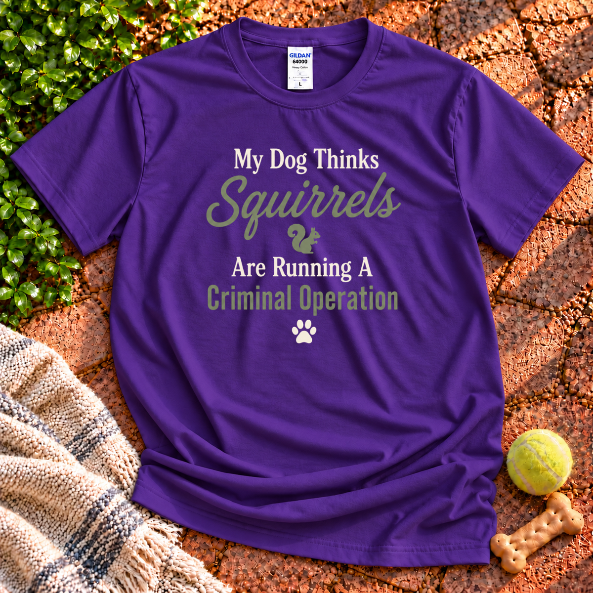 Squirrels Criminal Operation dog graphic T-shirt in Purple – Gildan 64000 | Wigglebumms