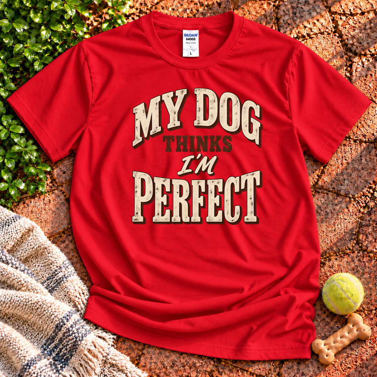 Thinks I'm Perfect dog graphic T-shirt in Red – Gildan 64000 | Wigglebumms