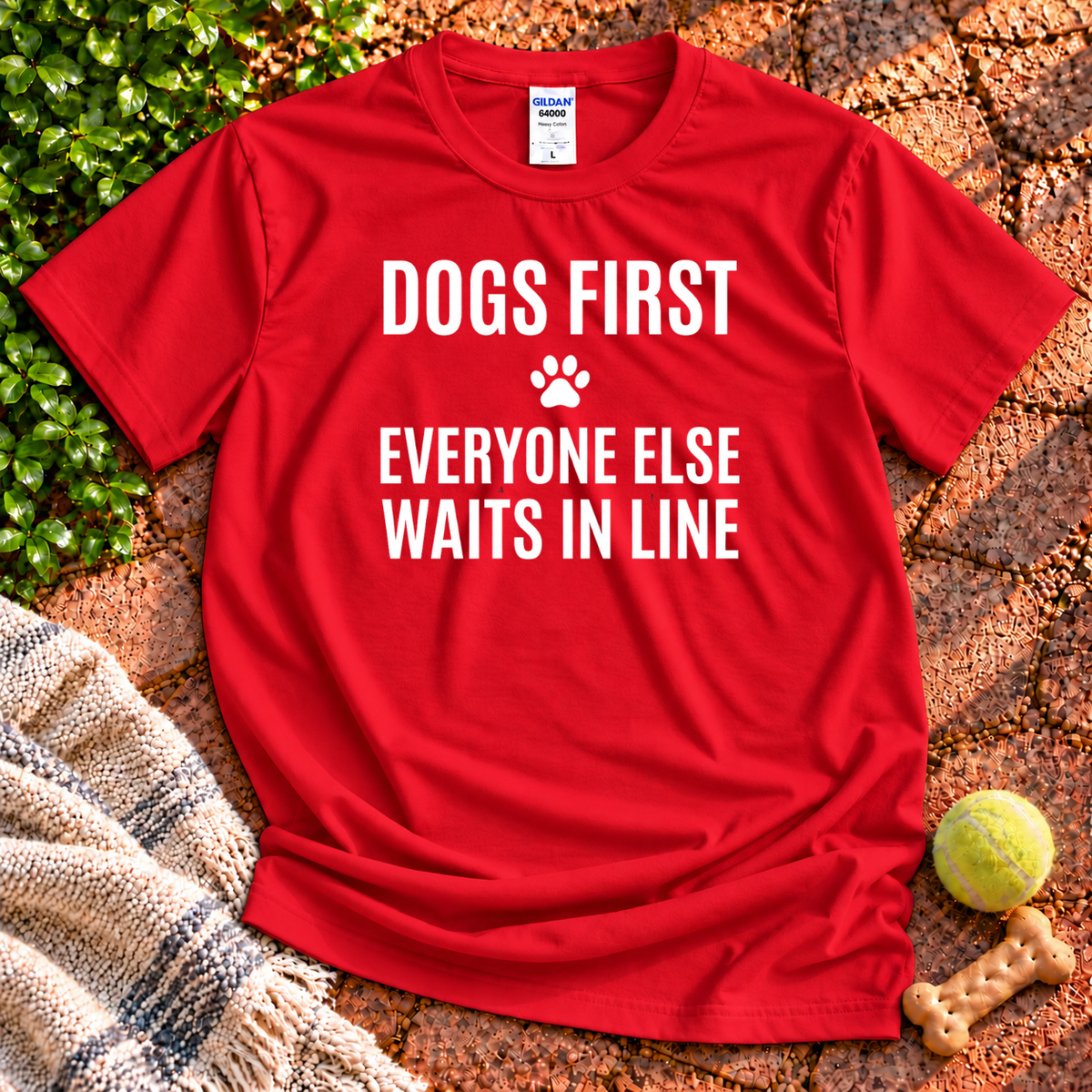 Dogs First dog graphic T-shirt in Red – Gildan 64000 | Wigglebumms