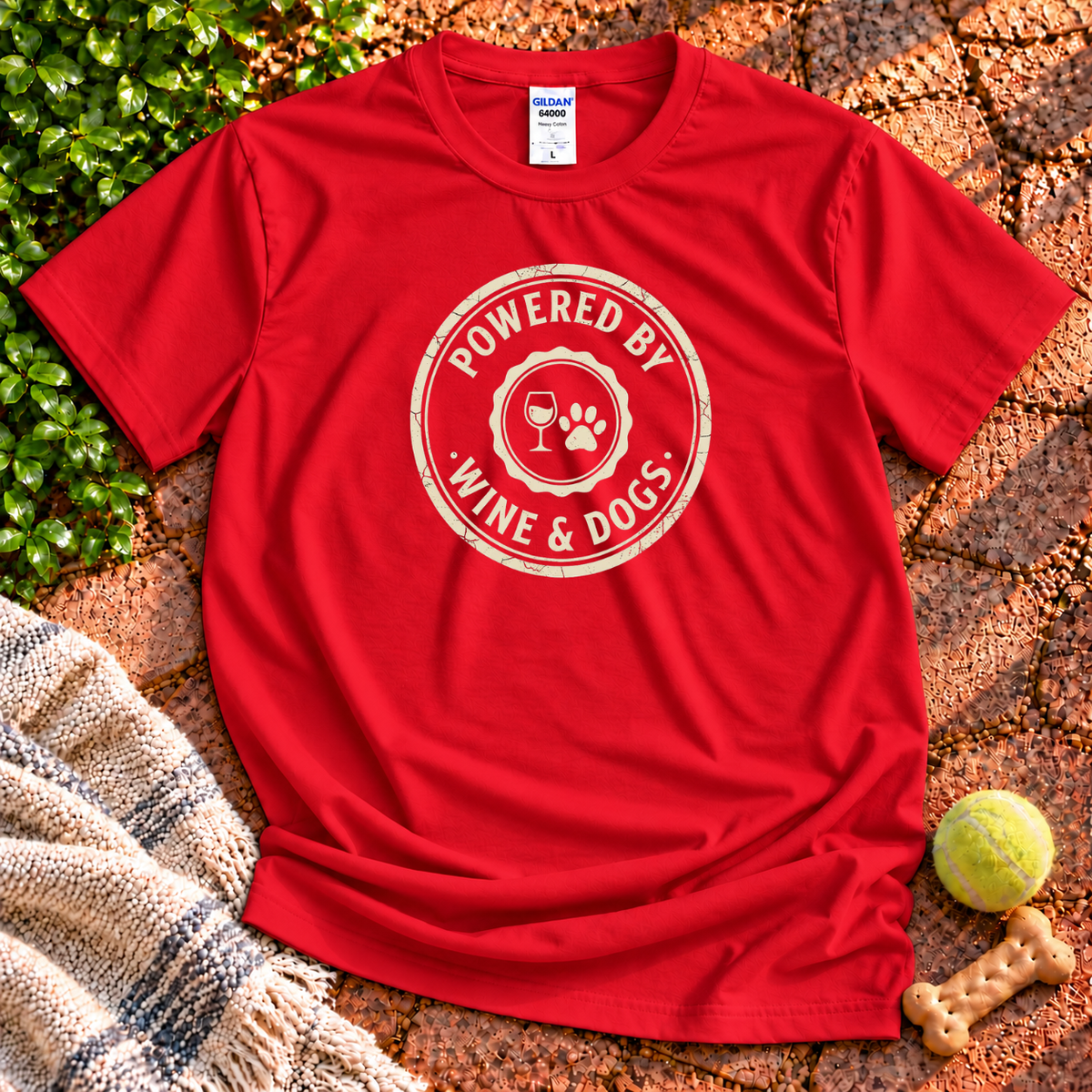 Wine & Dogs dog graphic T-shirt in Red – Gildan 64000 | Wigglebumms