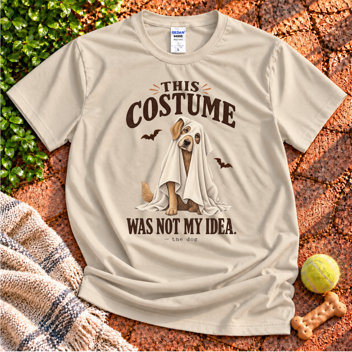 Ghost Dog dog graphic T-shirt in Sand – Gildan 64000 | Wigglebumms