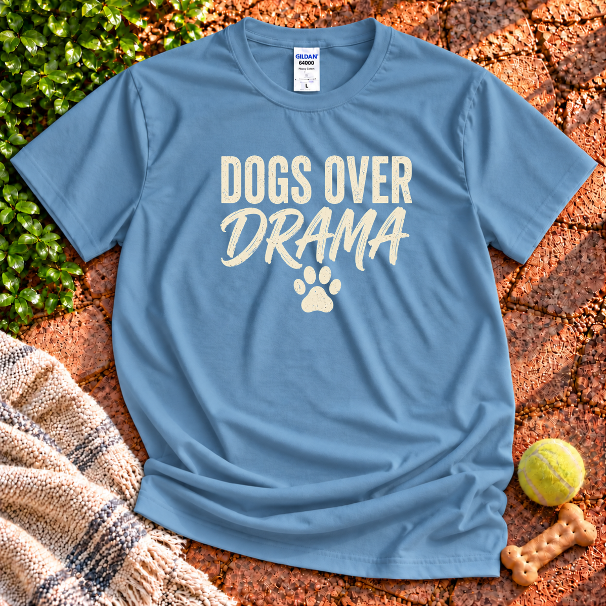 Dogs Over Drama dog graphic T-shirt in Stone Blue – Gildan 64000 | Wigglebumms