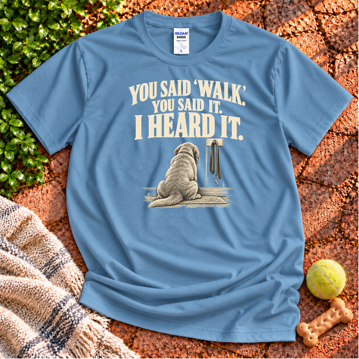 I Heard You dog graphic T-shirt in Stone Blue – Gildan 64000 | Wigglebumms