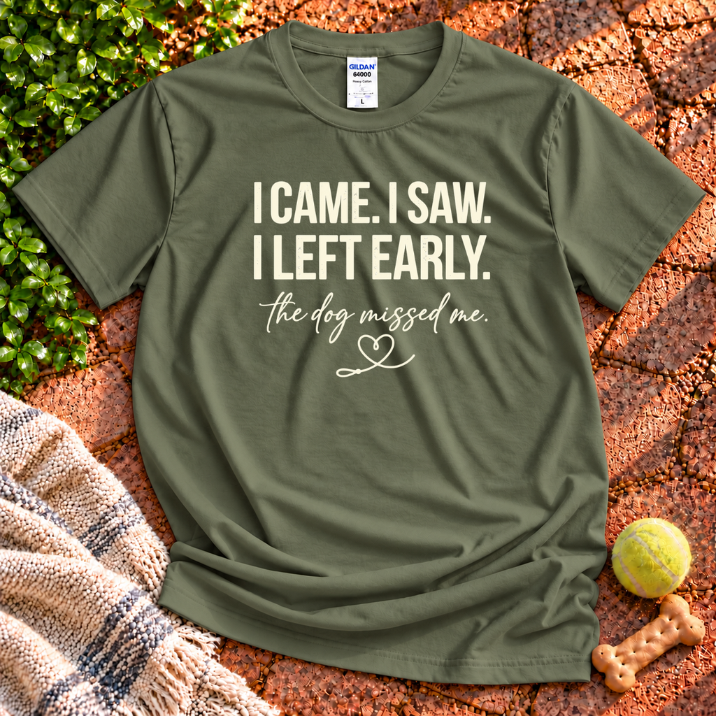 Left Early dog graphic T-shirt in Military Green – Gildan 64000 | Wigglebumms